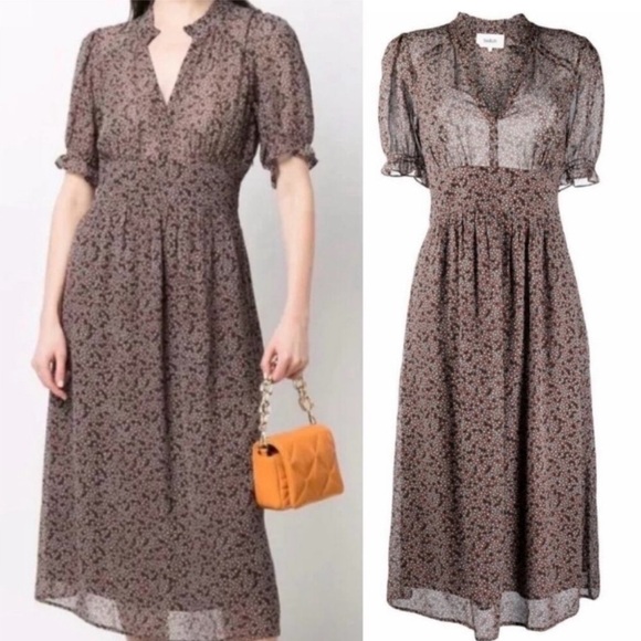 Ba&Sh Pally Midi Dress Ditsy Floral Pattern Ruffled Short Sleeve V Neck Brown 4 - Picture 8 of 8